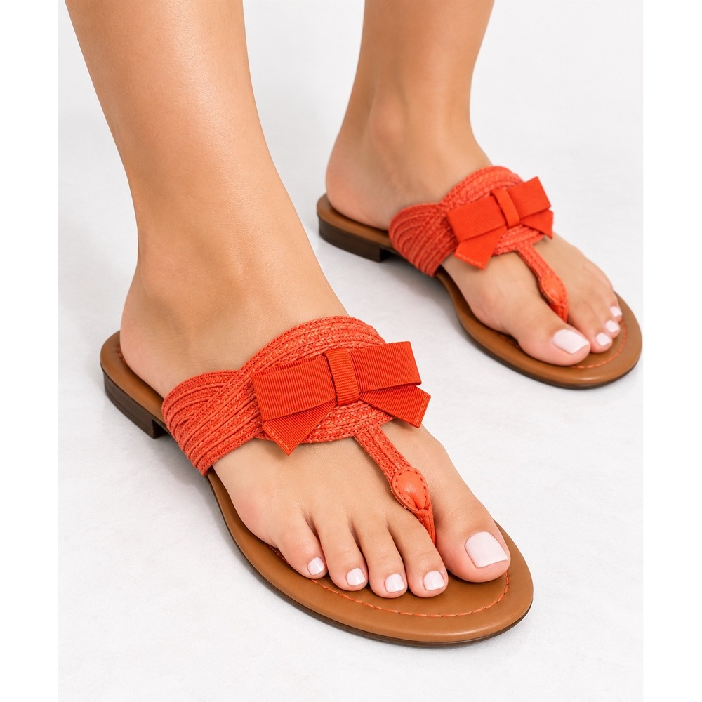 Talbots Orange Woven Raffia Bow Thong Sandals Genuine Leather Sole Flat 5.5B